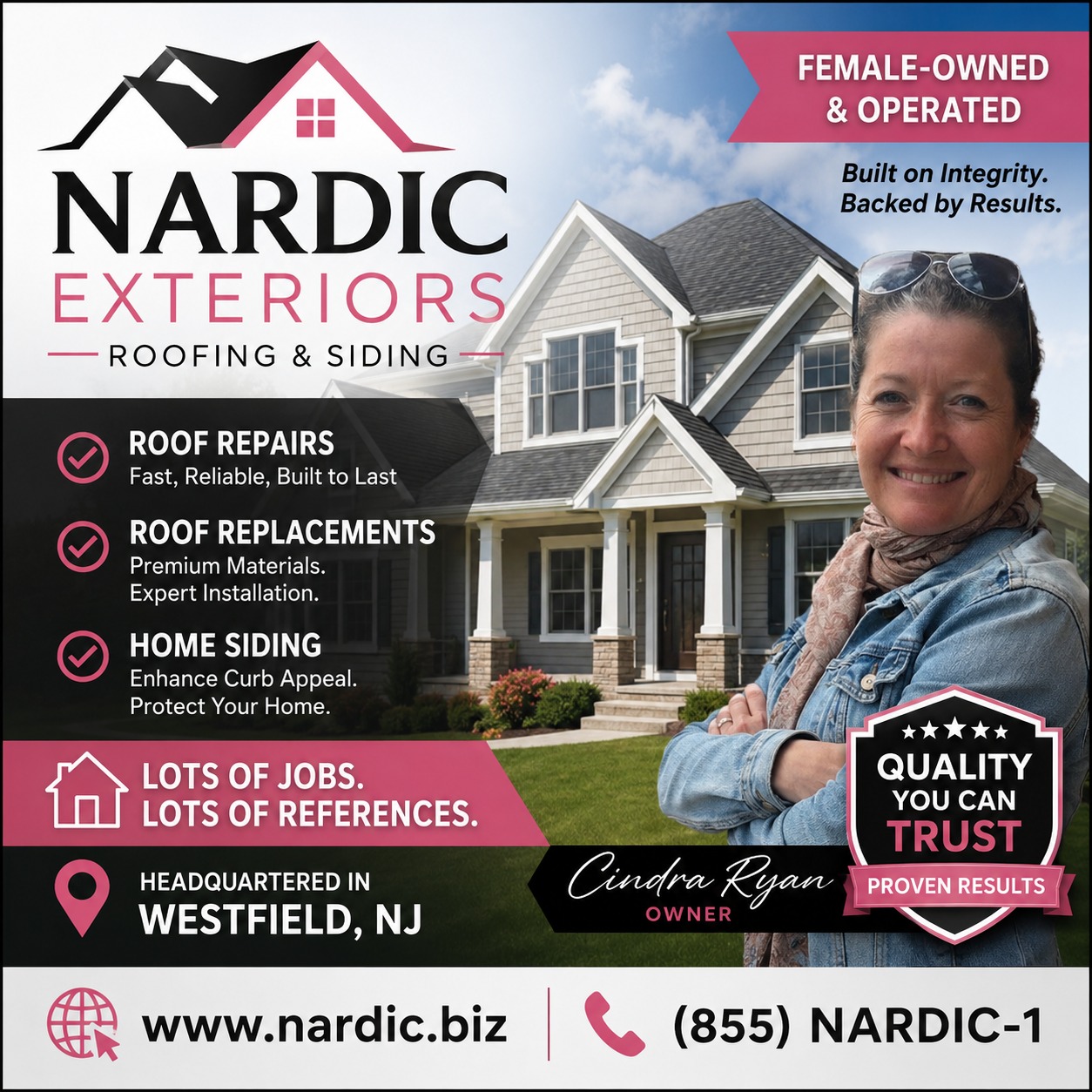 Nardic Exteriors promotional image showing roofing, siding, Cindra Ryan, and contact information.